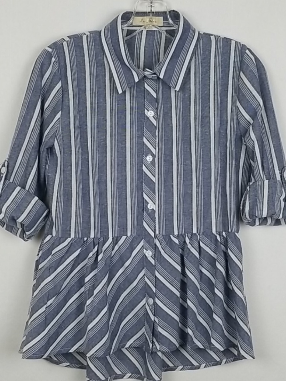Love Notes Blue & White Stripped Peplum Button Up Women's 3-Quarter Sleeve Shirt
